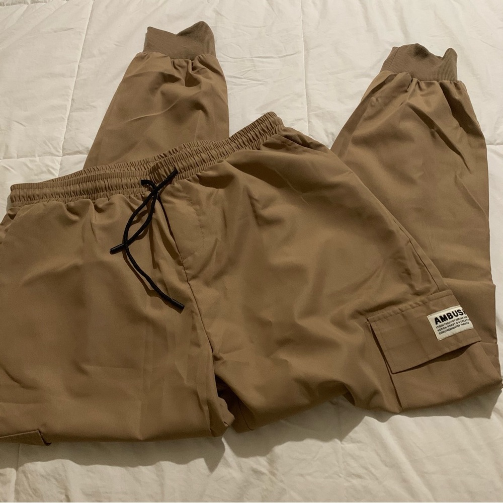 Khaki Flap Pocket Jogger Cargo Pants with Small Decorative Patch on a Pocket